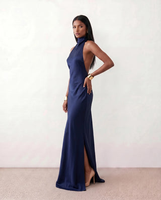 Winnie Satin Halter Maxi Dress in Navy — side view