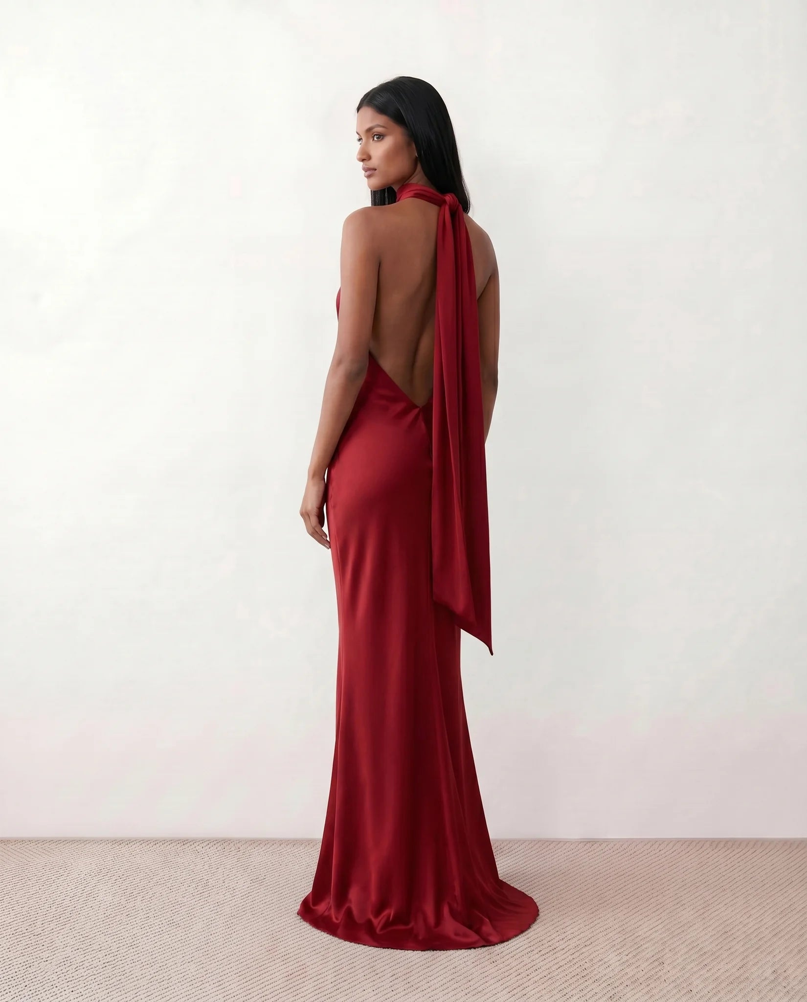 Winnie Satin Halter Maxi Dress in Red — back view