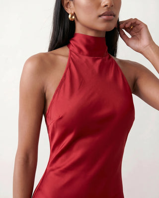 Winnie Satin Halter Maxi Dress in Red — detail close-up