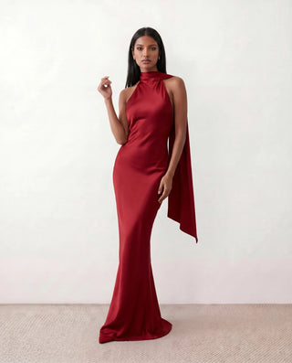 Winnie Satin Halter Maxi Dress in Red — front view
