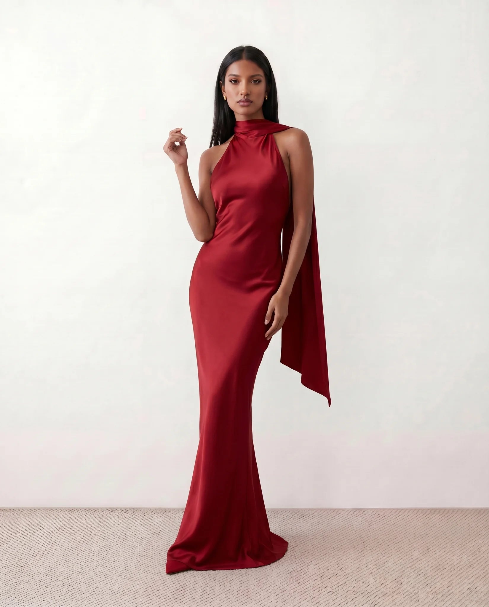 Winnie Satin Halter Maxi Dress in Red — front view