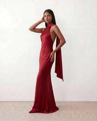Winnie Satin Halter Maxi Dress in Red — side view