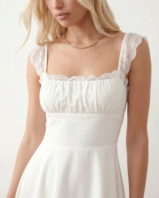 Soraia Lace Lace-Up Mini Dress in White — detail close-up
