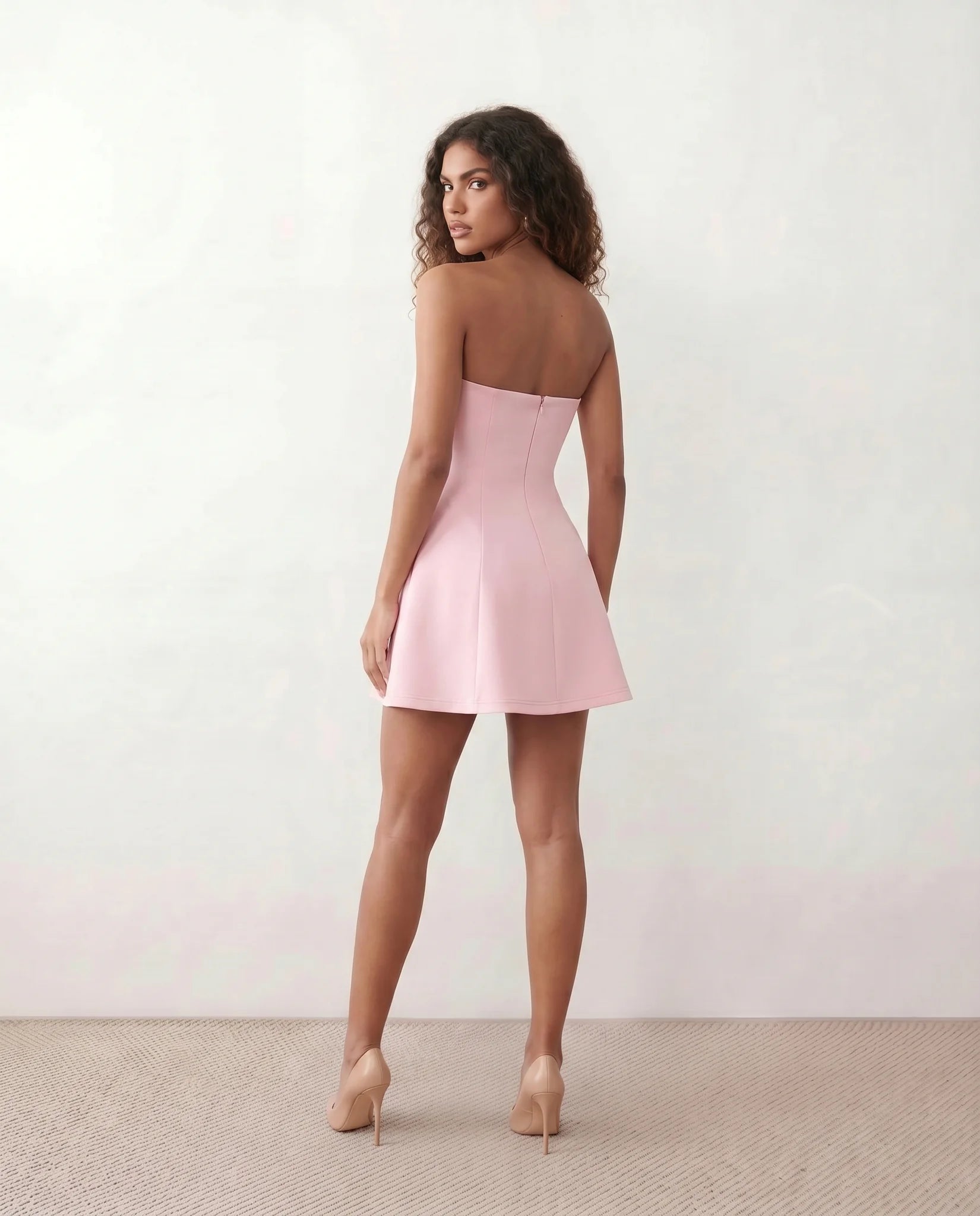 Camilla Strapless Pleated Mini Dress in Pink — back view