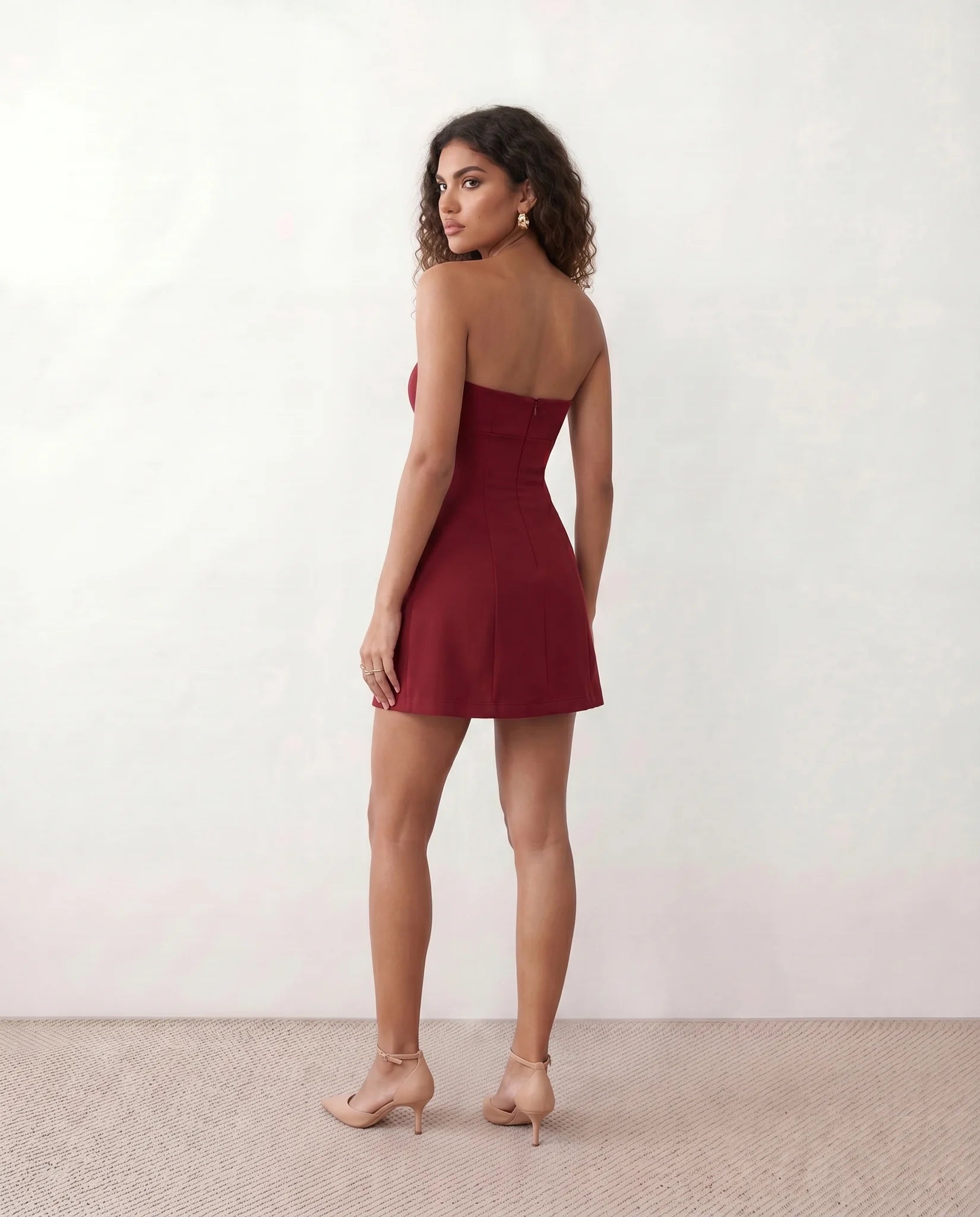 Camilla Strapless Pleated Mini Dress in Red — back view