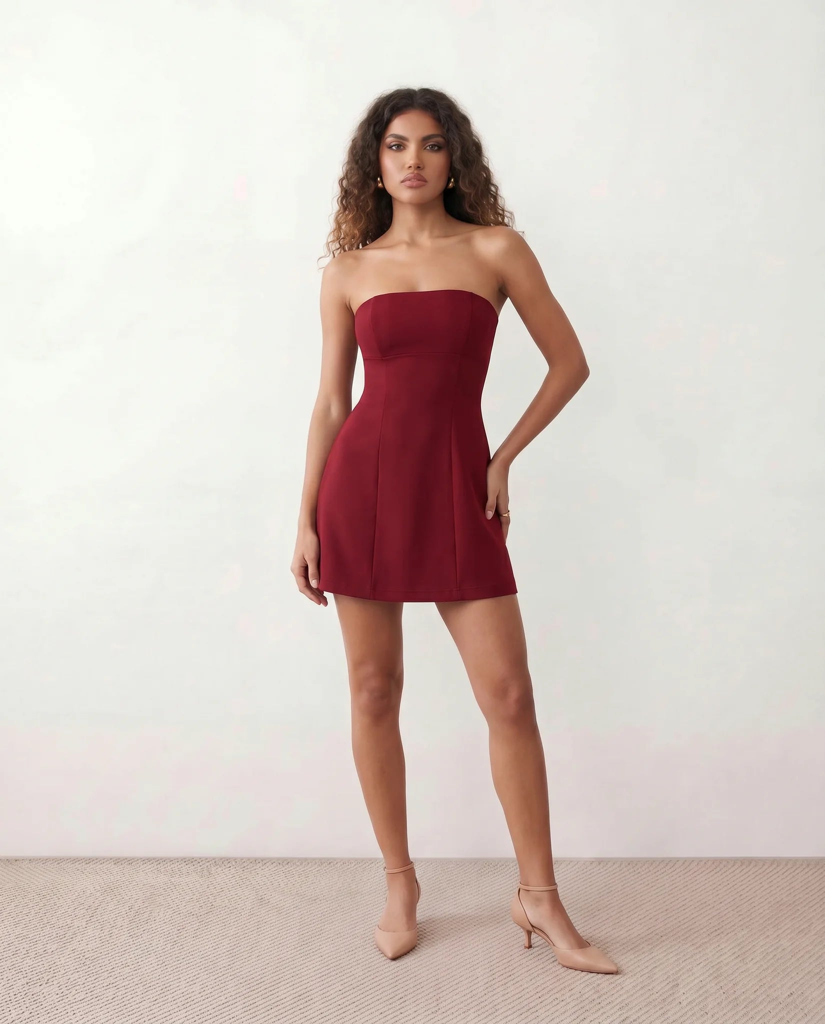 Camilla Strapless Pleated Mini Dress in Red — front view