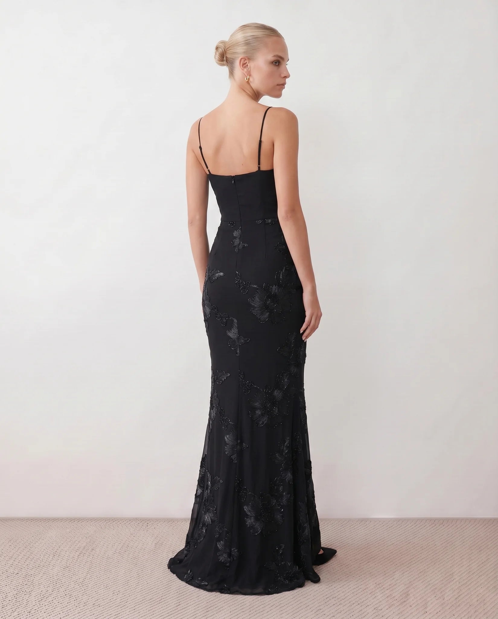 Ionela Mermaid Spaghetti Strap Maxi Dress in Floral Black — back view