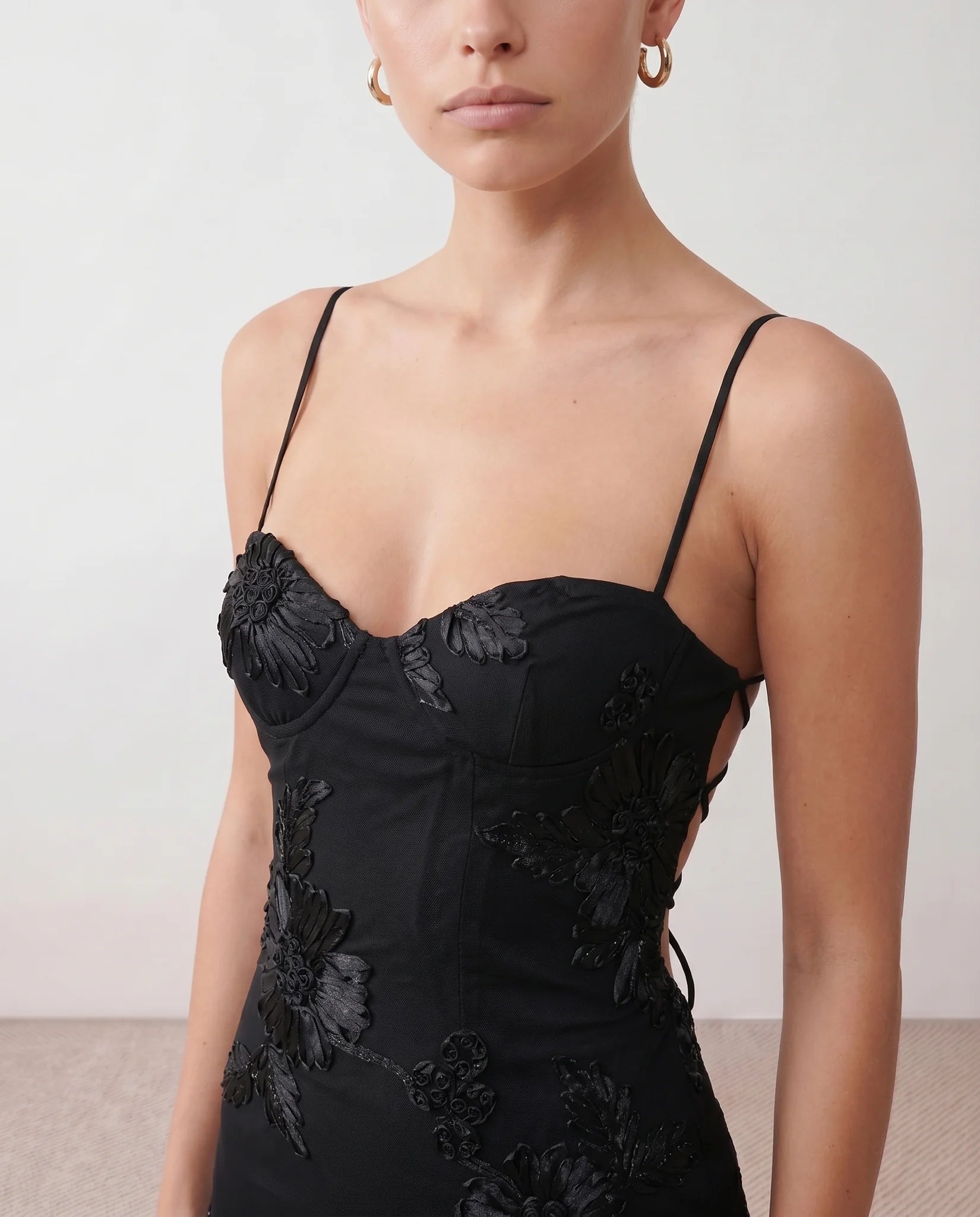 Ionela Mermaid Spaghetti Strap Maxi Dress in Floral Black — detail close-up
