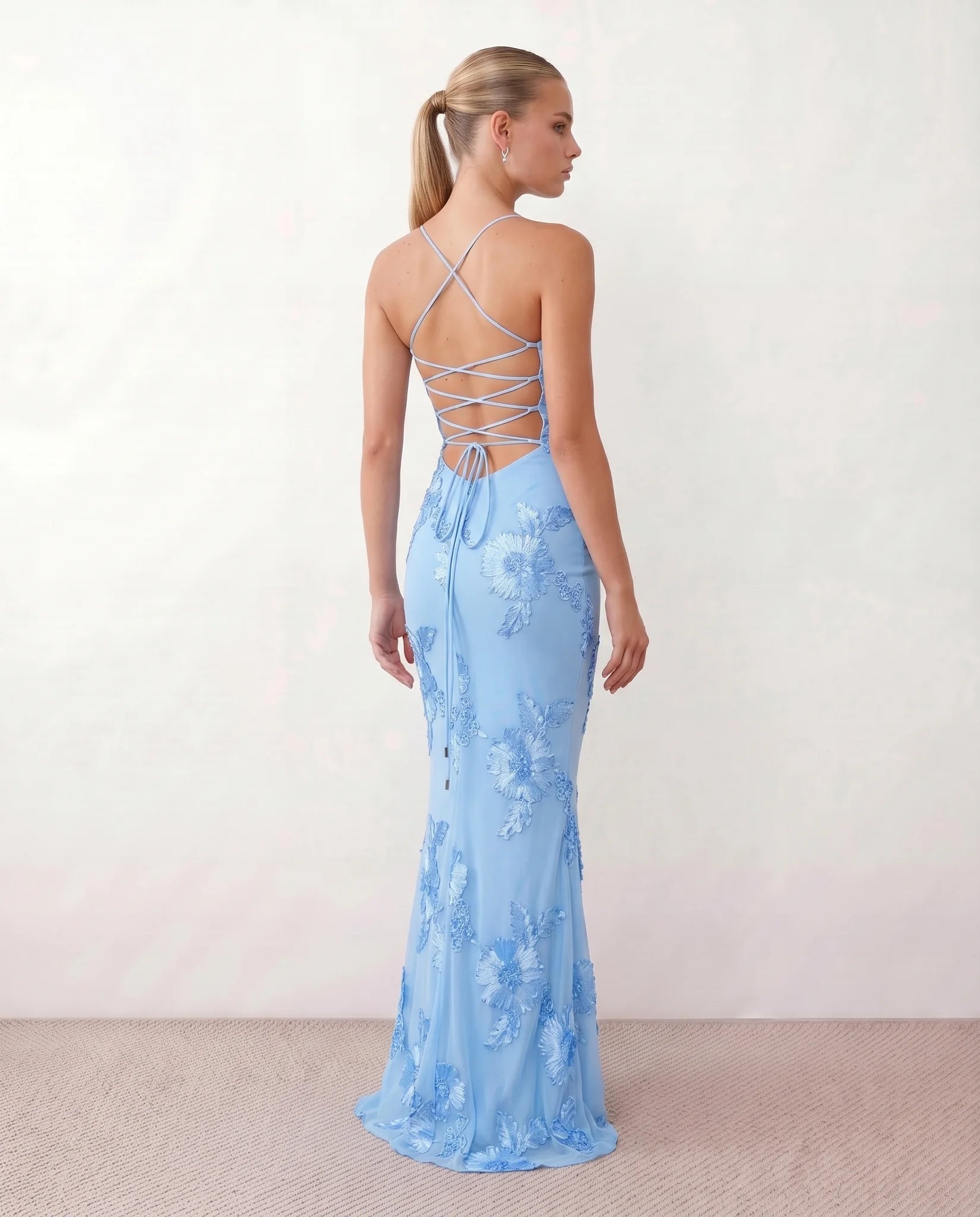 Ionela Mermaid Spaghetti Strap Maxi Dress in Floral Light Blue — back view