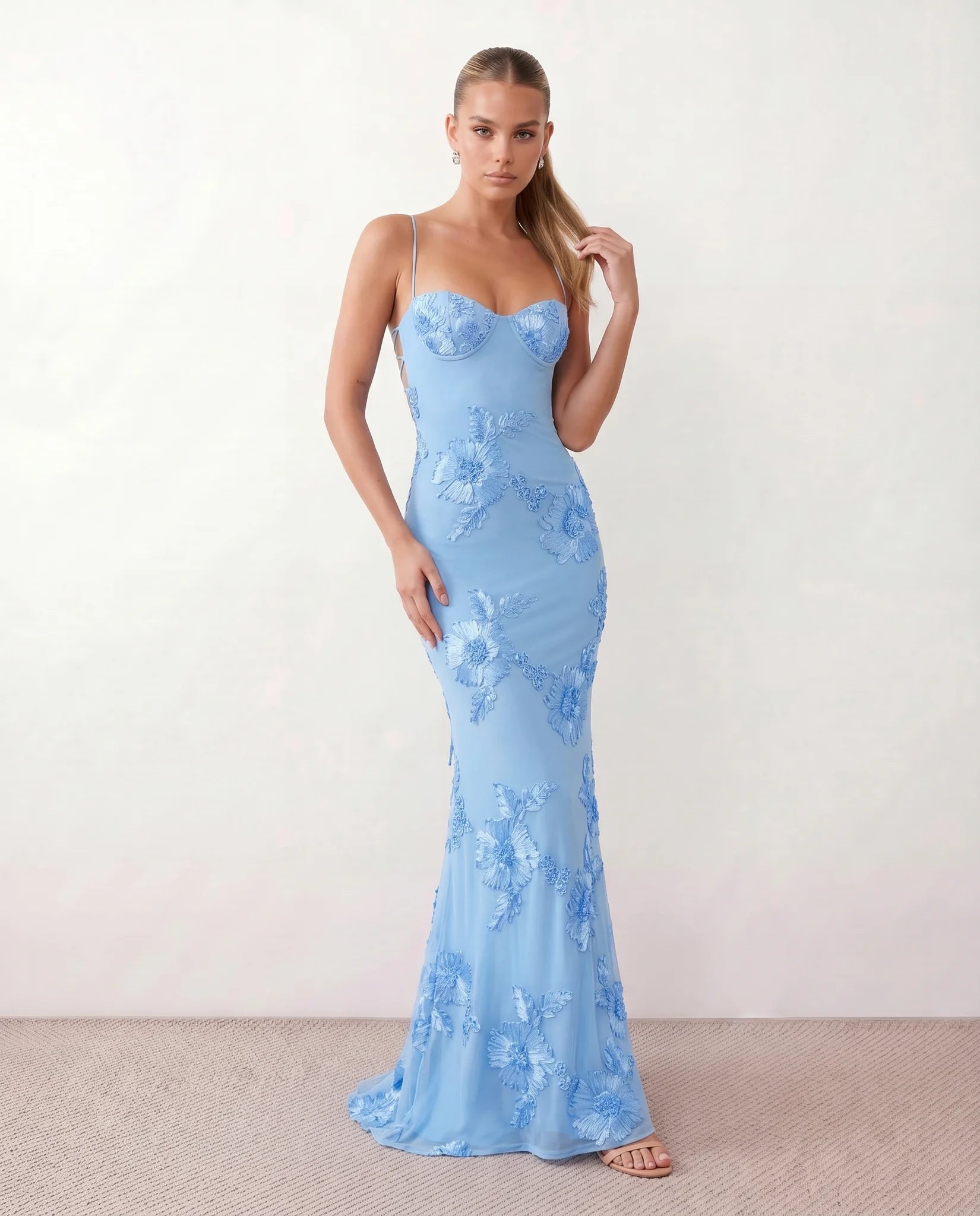 Ionela Mermaid Spaghetti Strap Maxi Dress in Floral Light Blue — front view