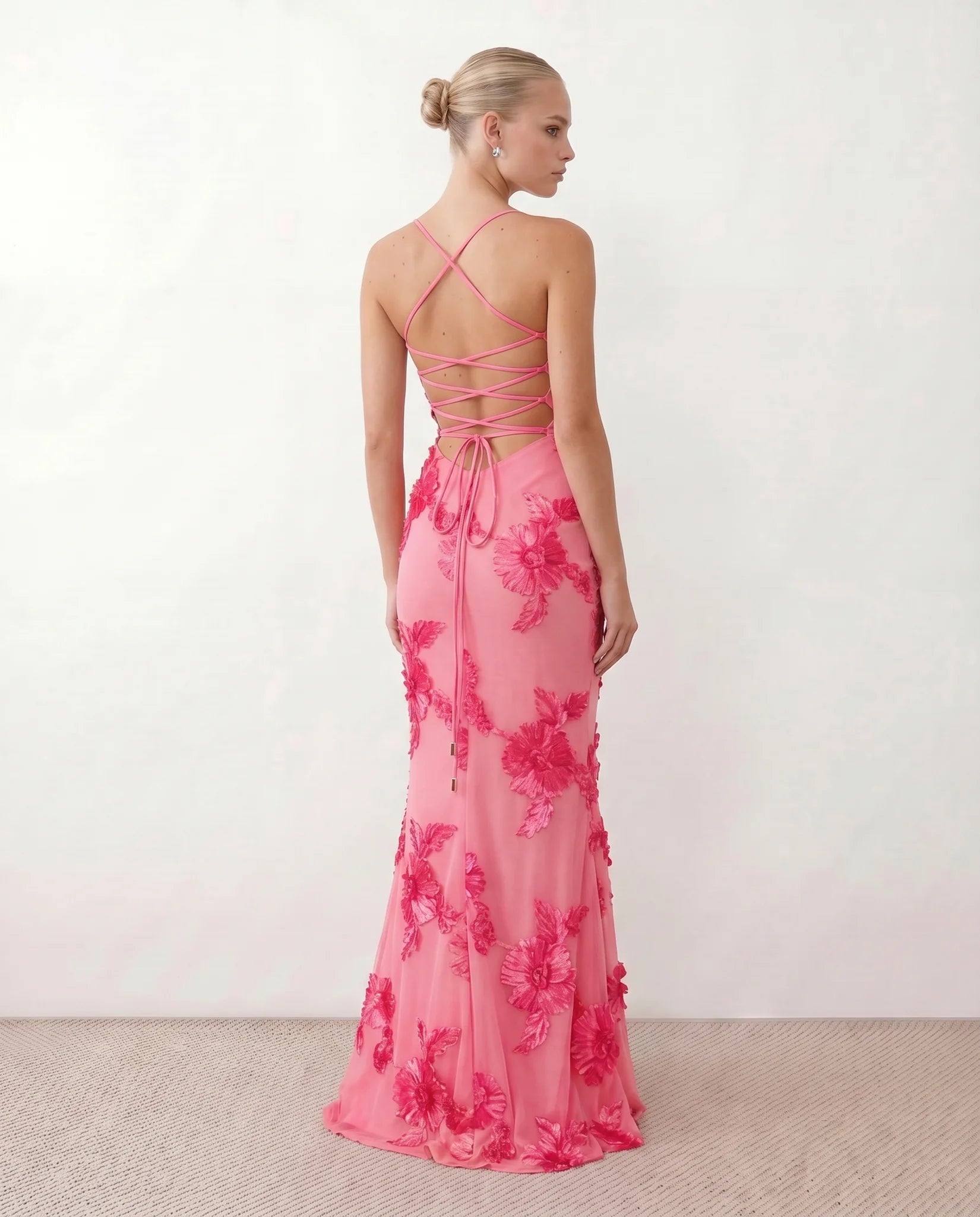 Ionela Mermaid Spaghetti Strap Maxi Dress in Floral Pink — back view