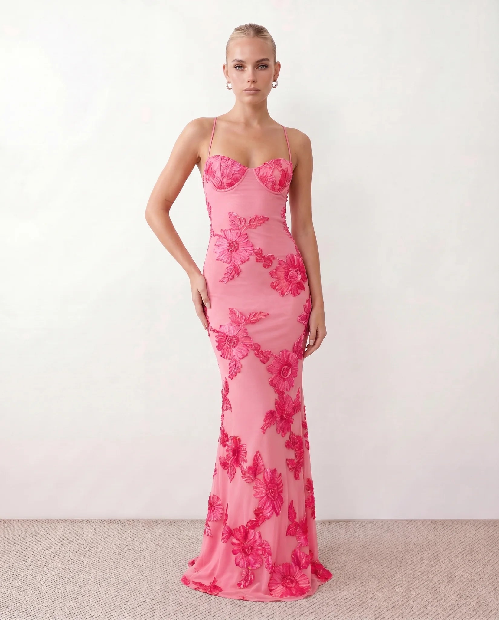 Ionela Mermaid Spaghetti Strap Maxi Dress in Floral Pink — front view