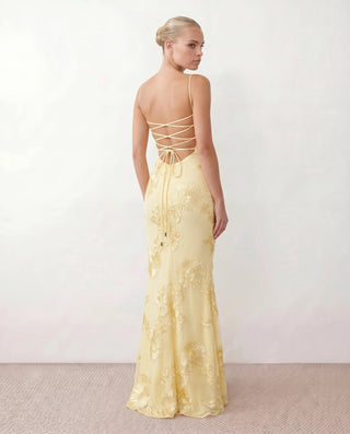 Ionela Mermaid Spaghetti Strap Maxi Dress in Floral Yellow — back view