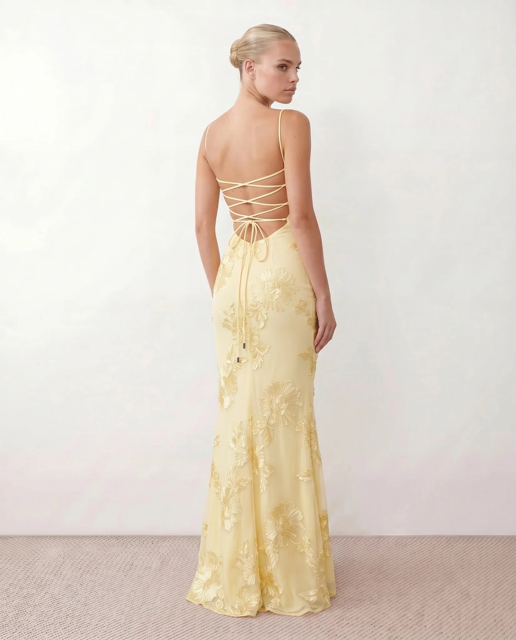 Ionela Mermaid Spaghetti Strap Maxi Dress in Floral Yellow — back view