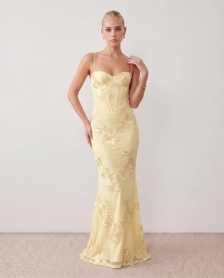 Ionela Mermaid Spaghetti Strap Maxi Dress in Floral Yellow — front view