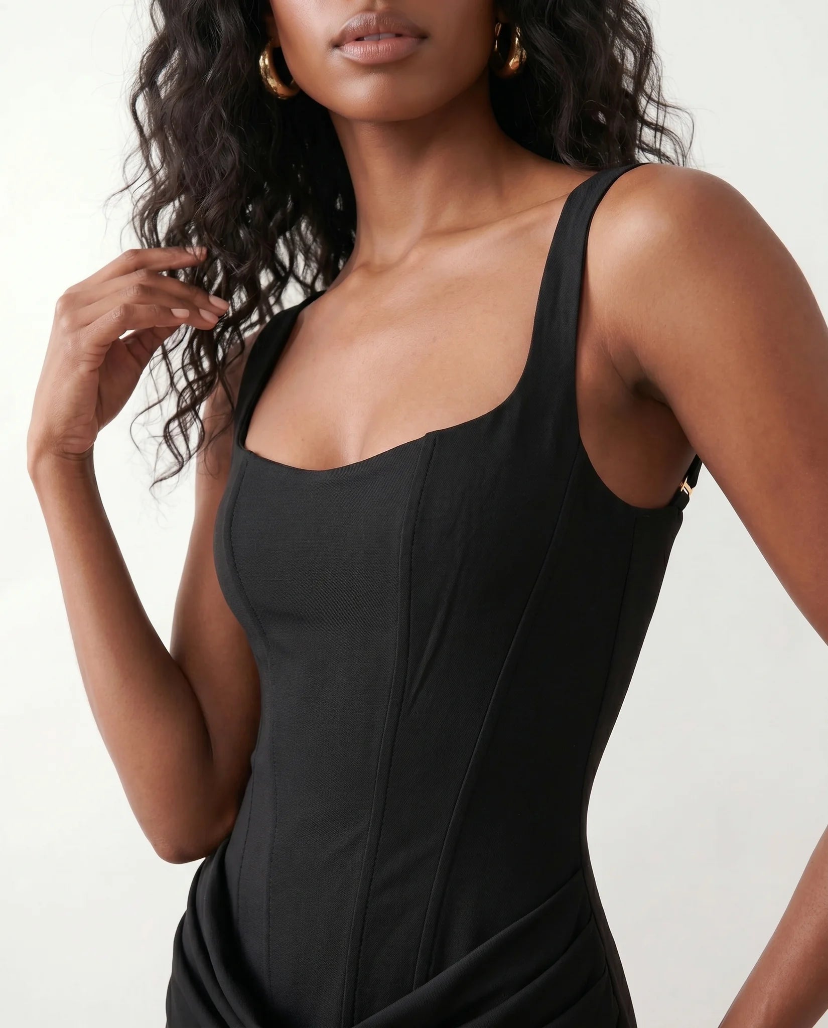 Justina Basque Waist Fitted Maxi Dress in Black — detail close-up