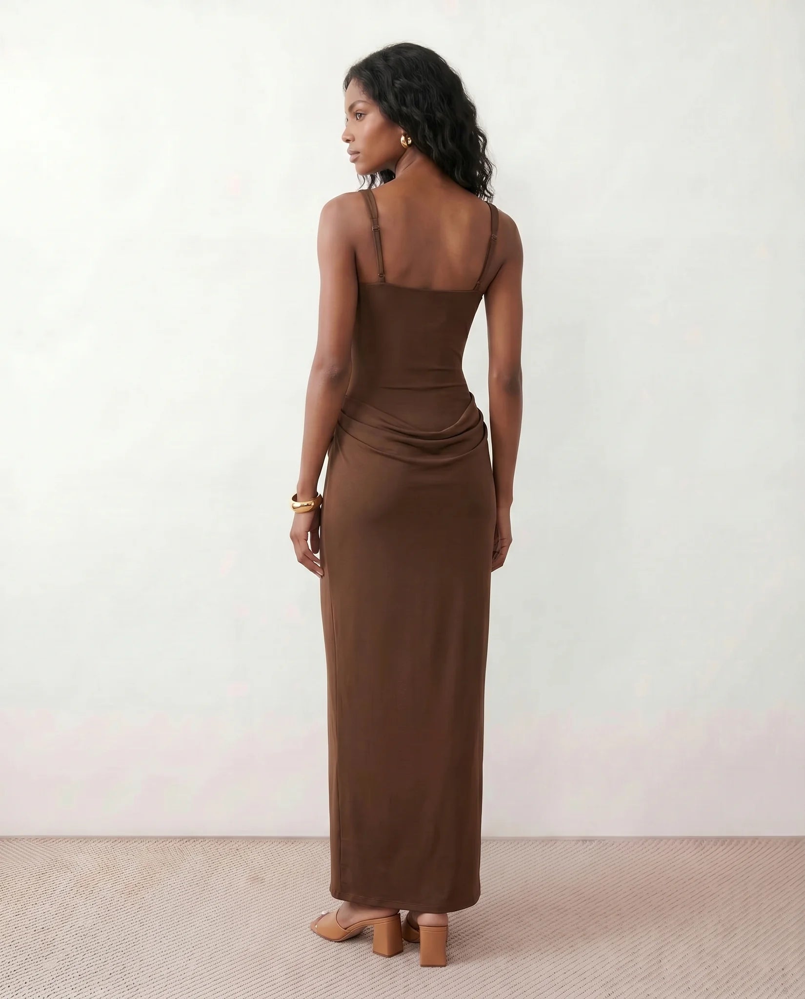 Justina Basque Waist Fitted Maxi Dress in Brown — back view