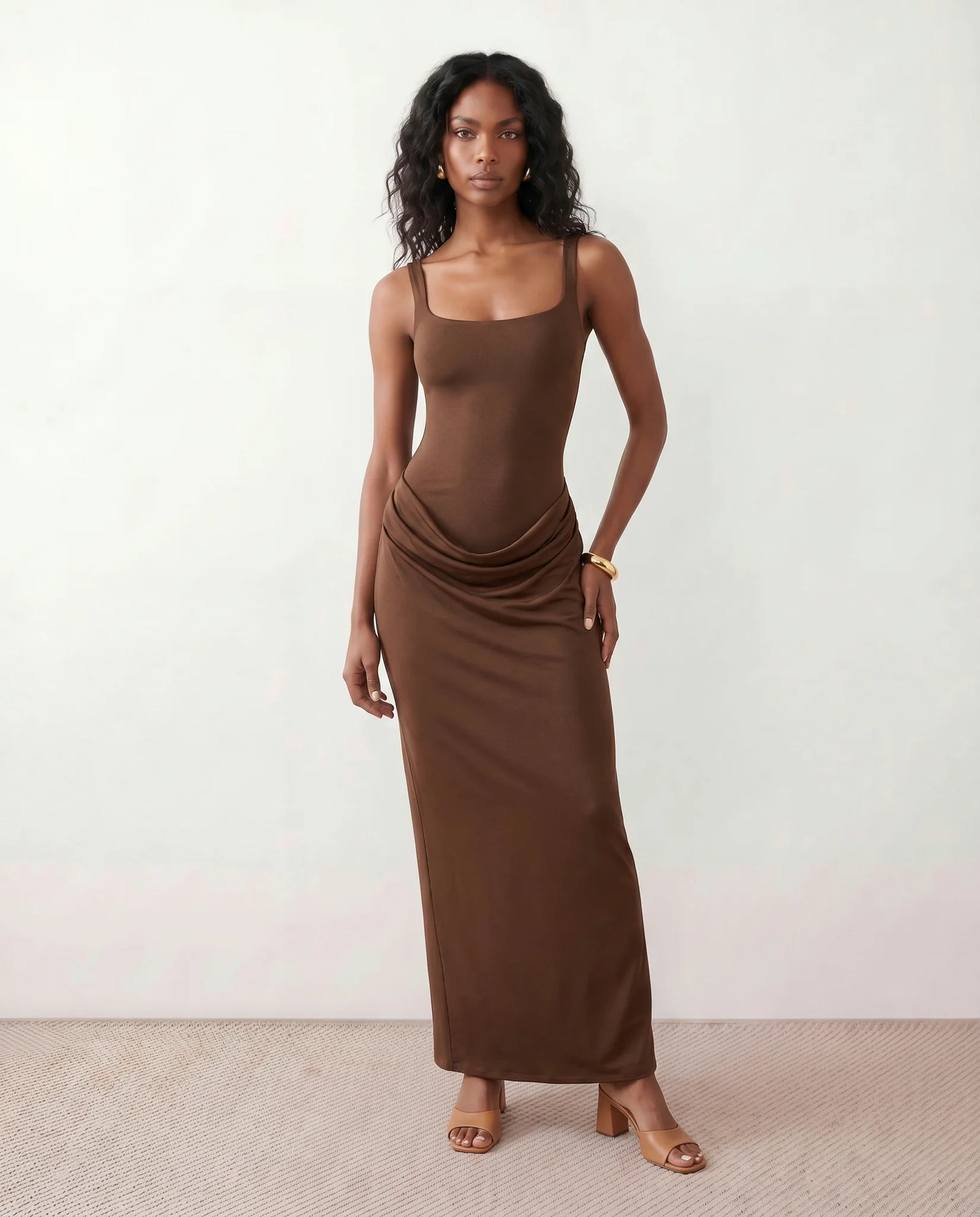 Justina Basque Waist Fitted Maxi Dress in Brown — front view