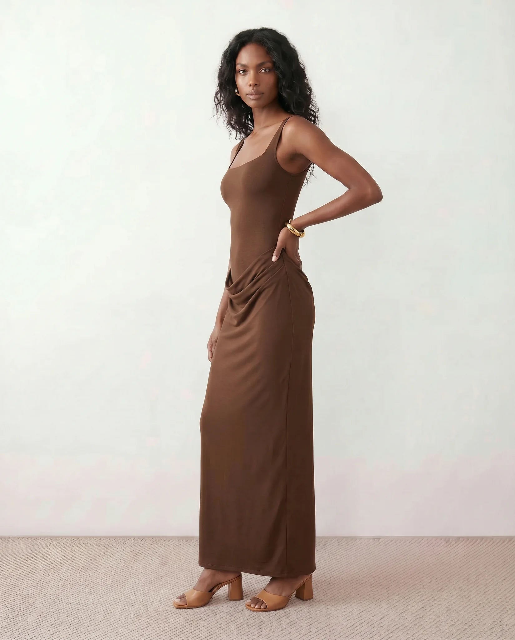 Justina Basque Waist Fitted Maxi Dress in Brown — side view