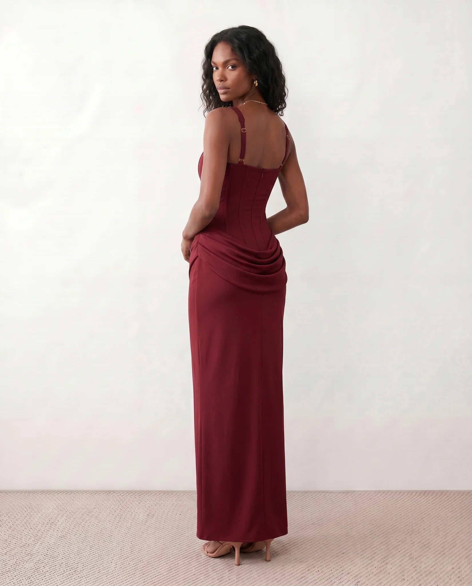 Justina Basque Waist Fitted Maxi Dress in Burgundy — back view
