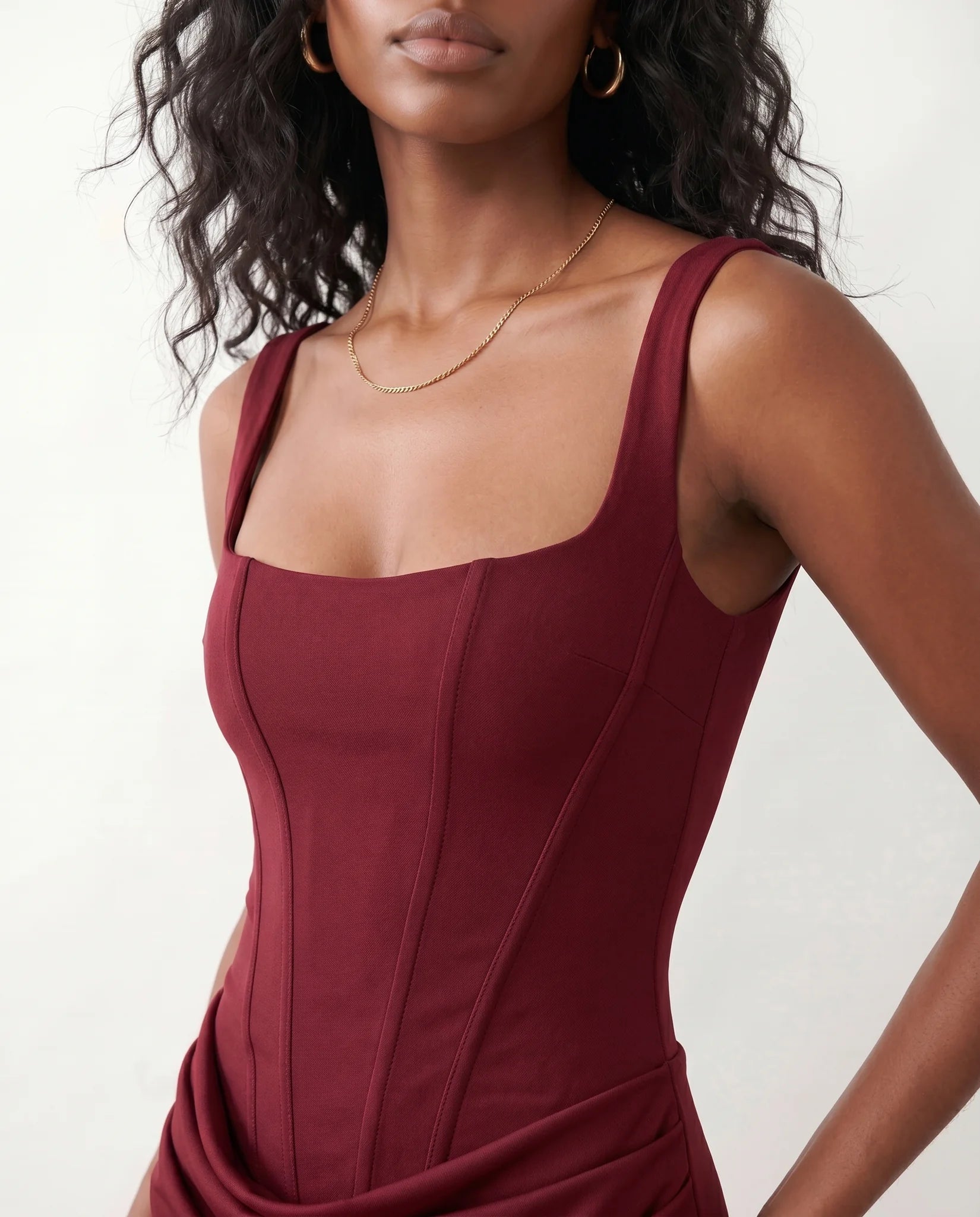 Justina Basque Waist Fitted Maxi Dress in Burgundy — detail close-up