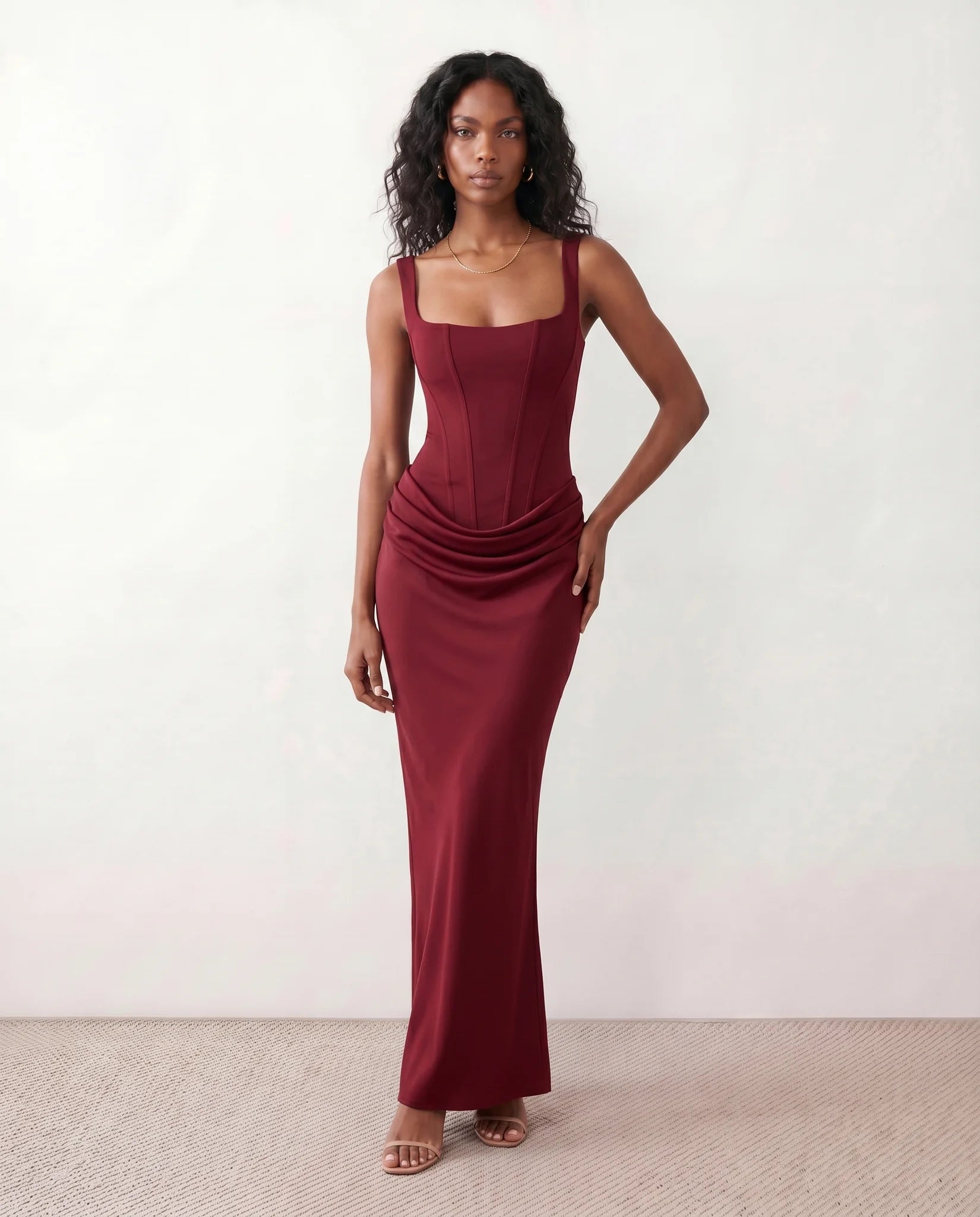 Justina Basque Waist Fitted Maxi Dress in Burgundy — front view