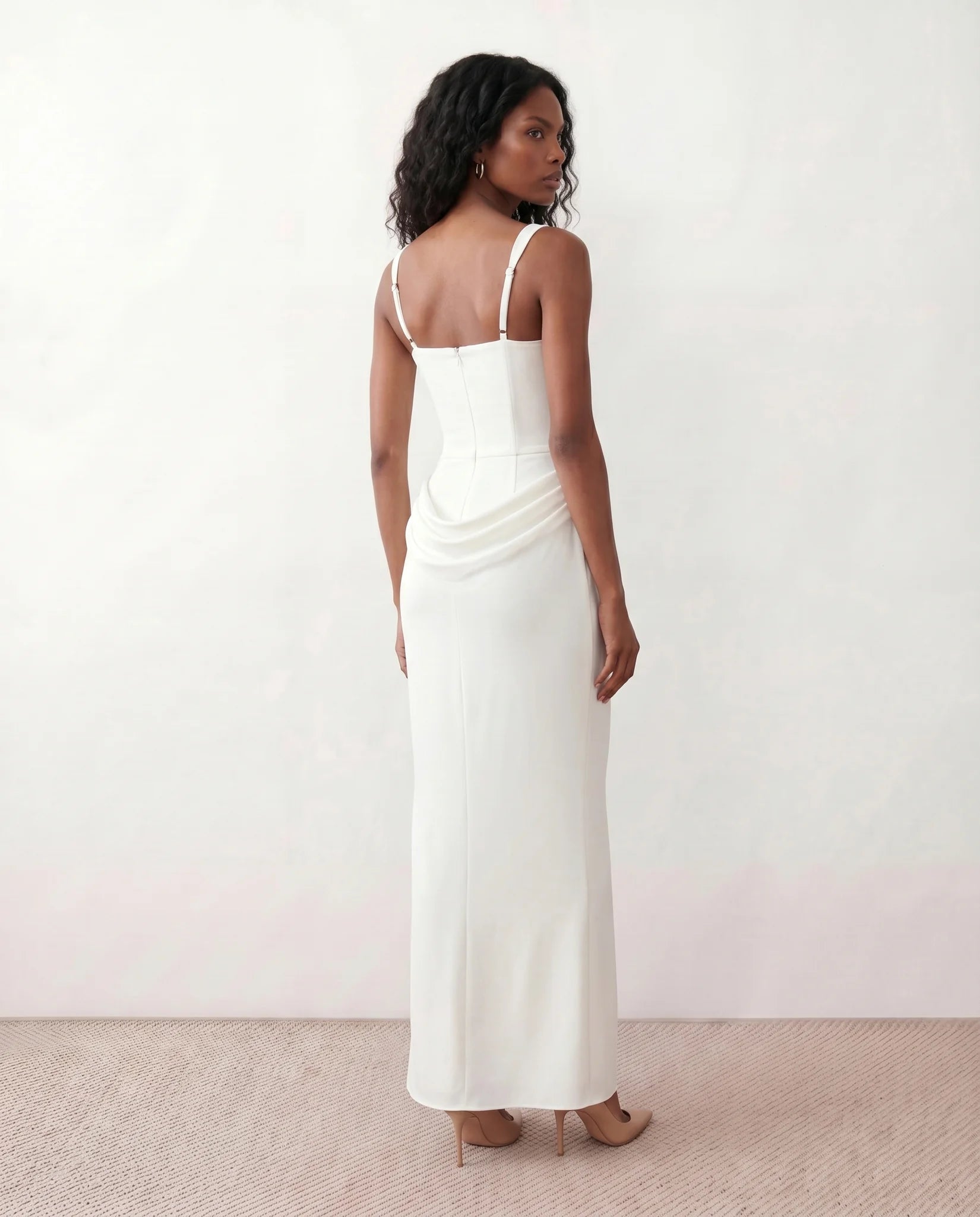Justina Basque Waist Fitted Maxi Dress in White — back view
