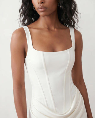 Justina Basque Waist Fitted Maxi Dress in White — detail close-up