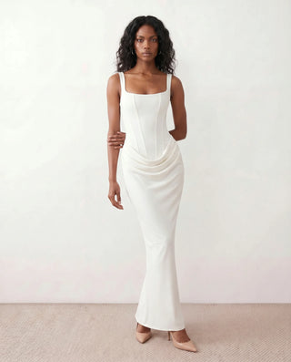 Justina Basque Waist Fitted Maxi Dress in White — front view
