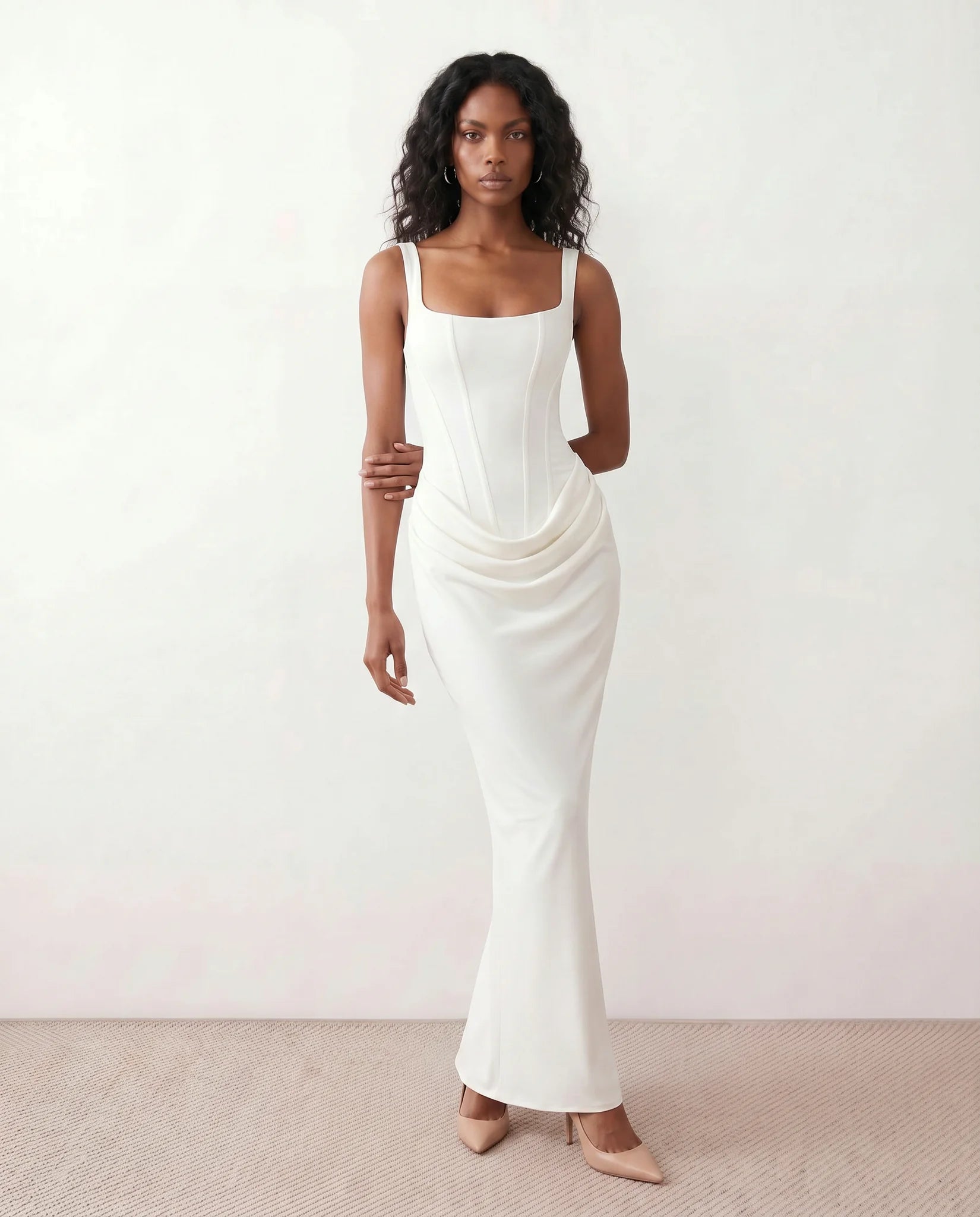 Justina Basque Waist Fitted Maxi Dress in White — front view