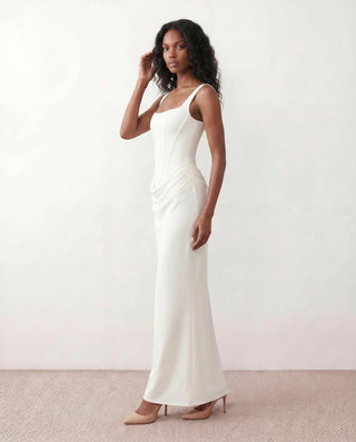 Justina Basque Waist Fitted Maxi Dress in White — side view