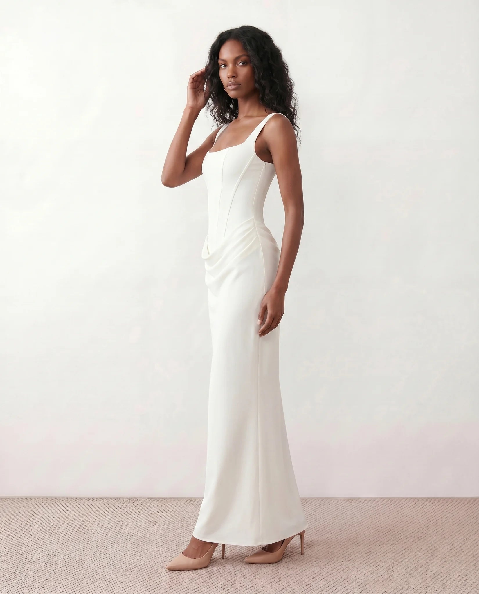 Justina Basque Waist Fitted Maxi Dress in White — side view
