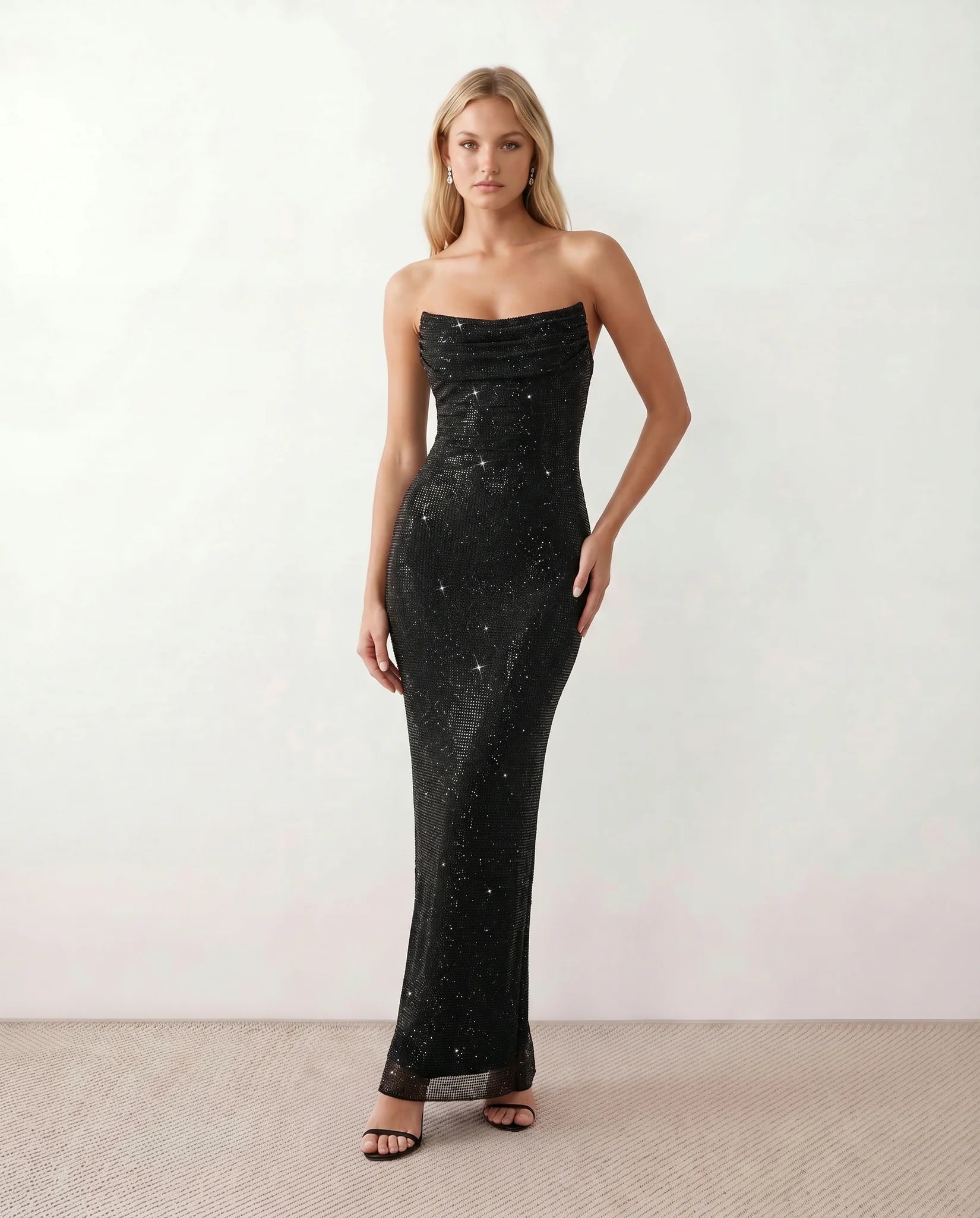 Izabela Sequined Strapless Maxi Dress in Black — front view