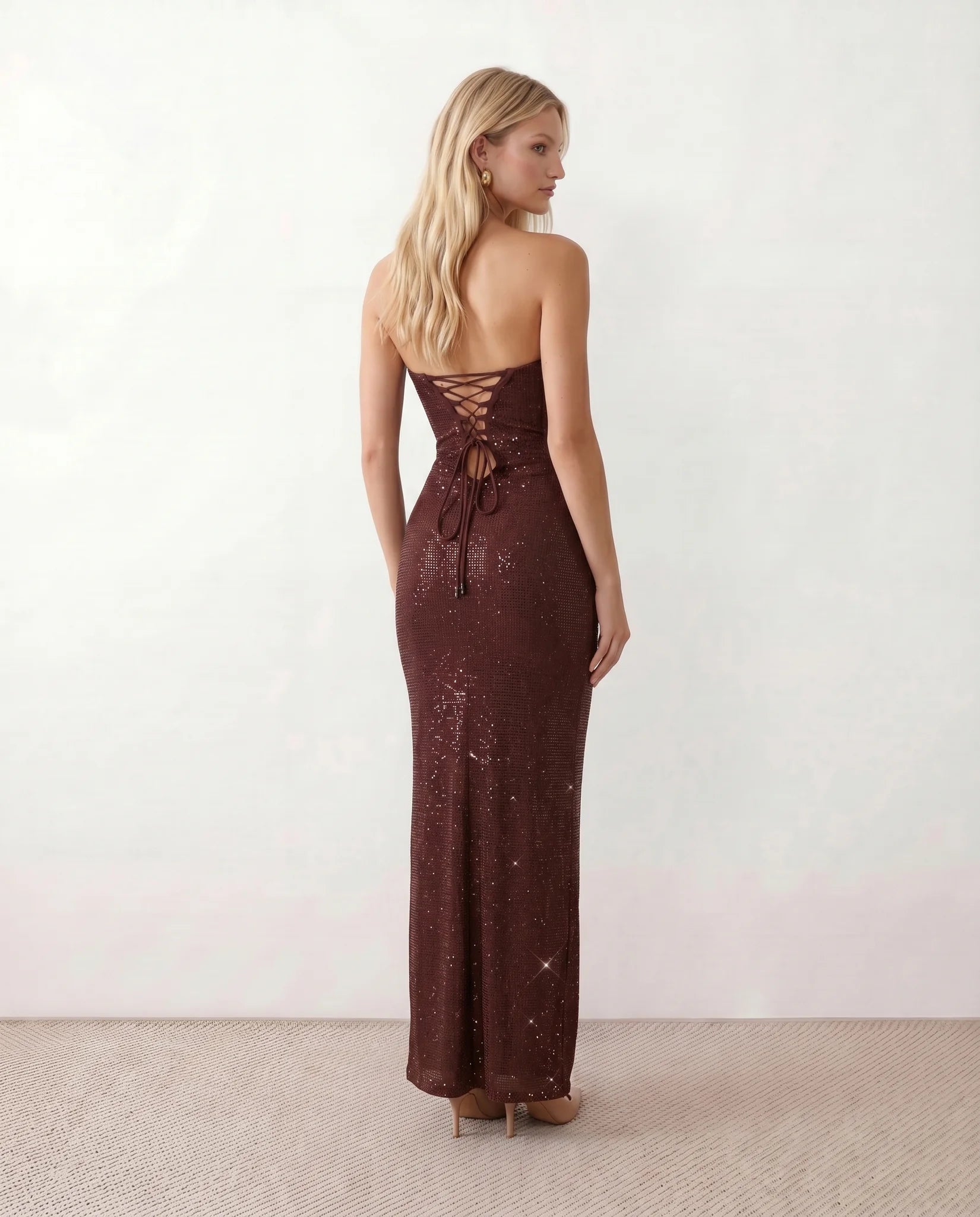 Izabela Sequined Strapless Maxi Dress in Burgundy — back view