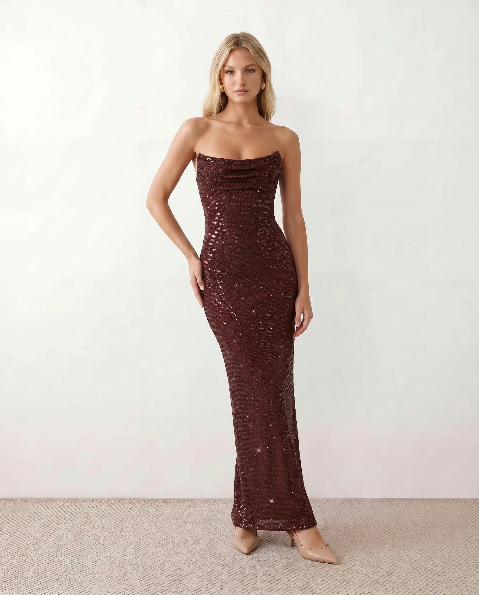 Izabela Sequined Strapless Maxi Dress in Burgundy — front view