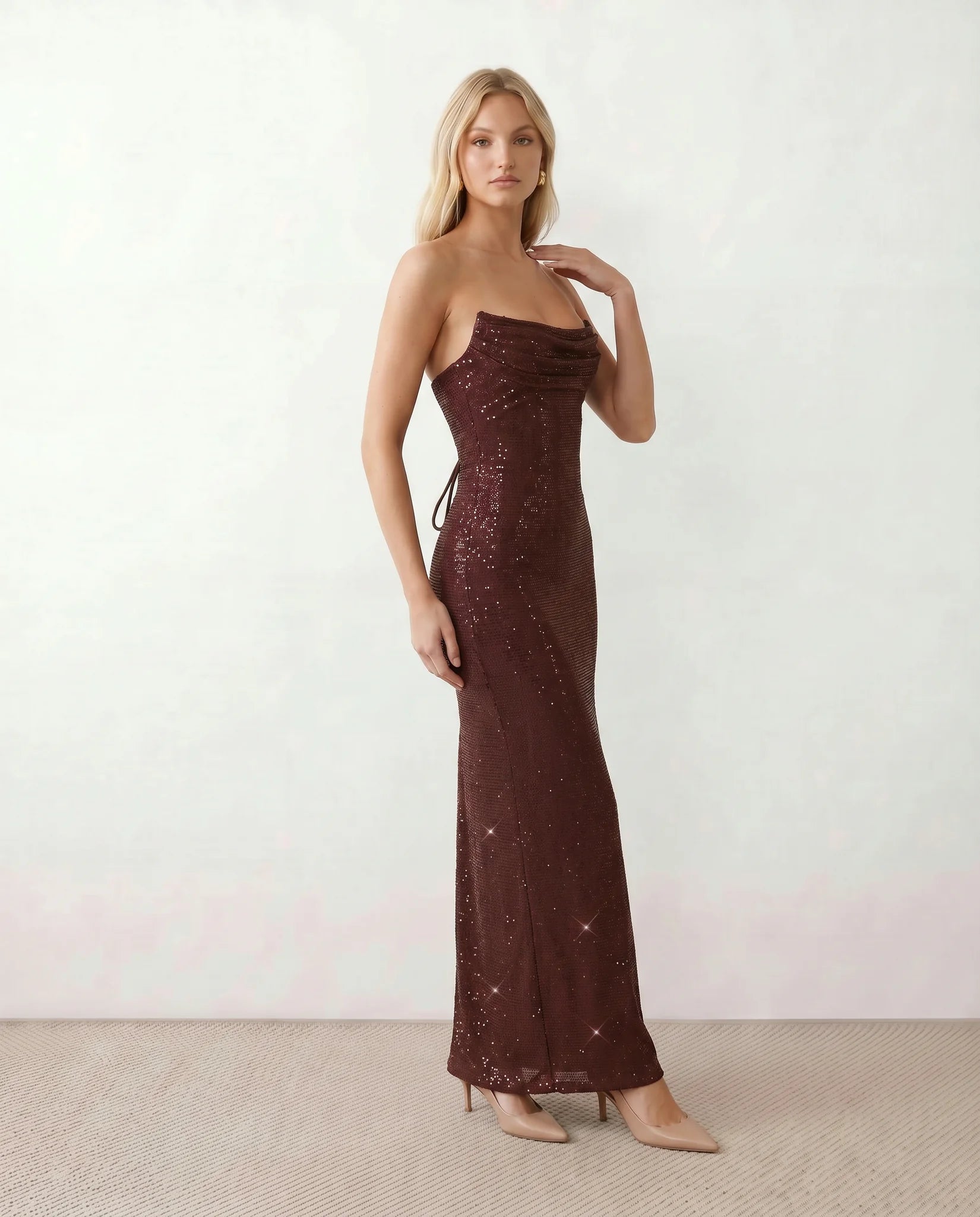 Izabela Sequined Strapless Maxi Dress in Burgundy — side view