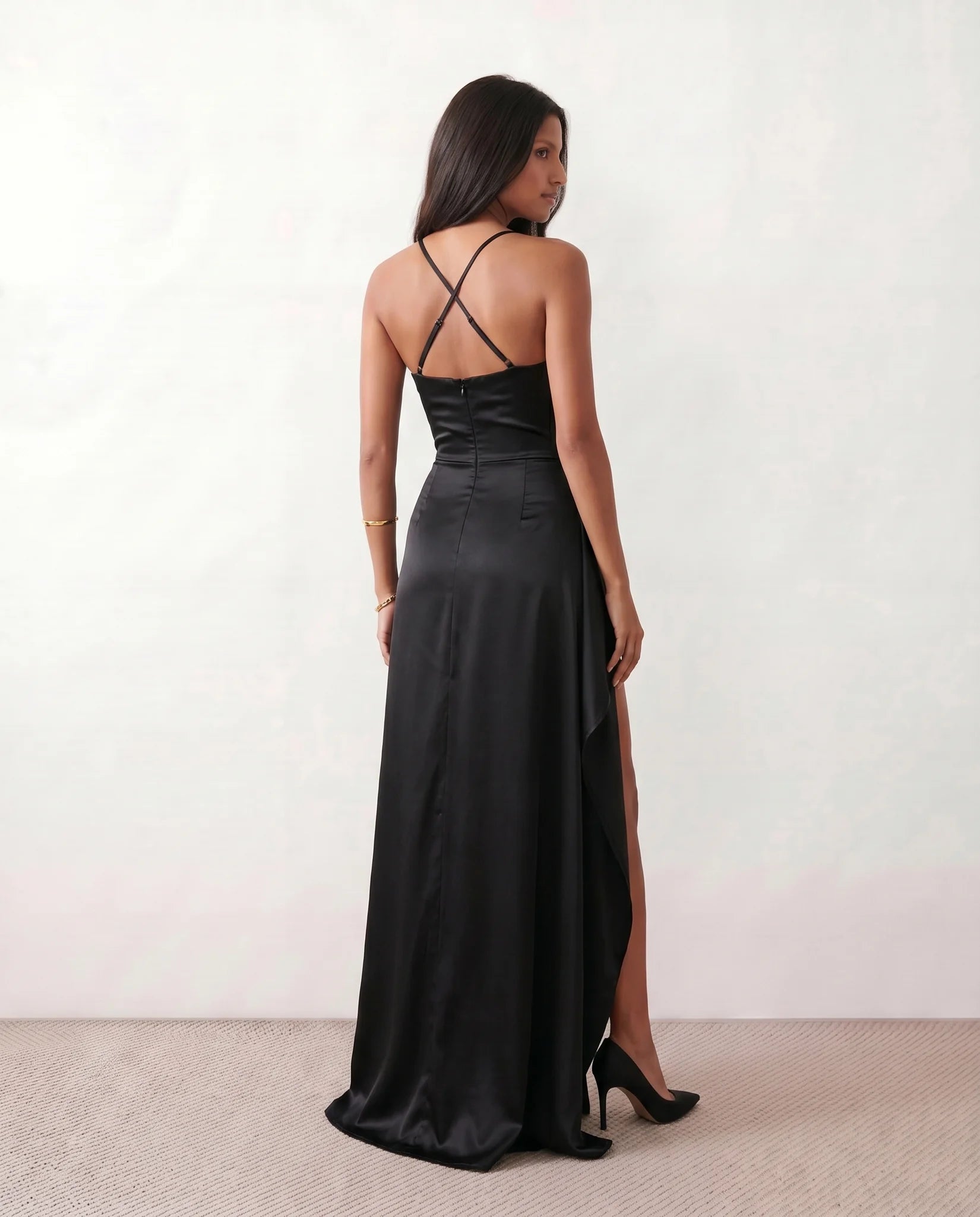 Sylwia Glossy Spaghetti Strap Maxi Dress in Black — back view