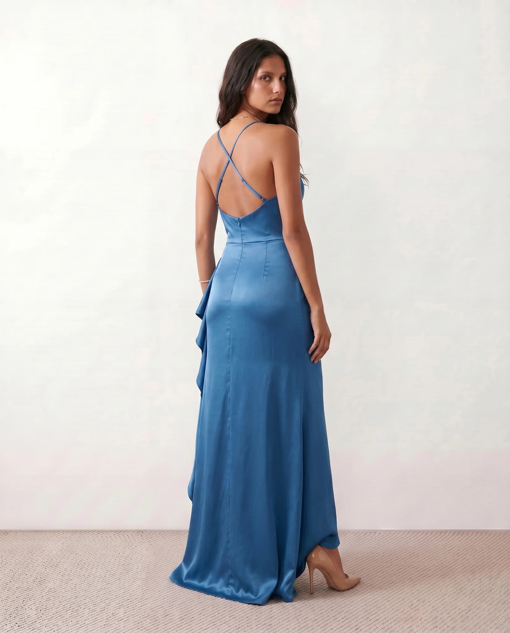 Sylwia Glossy Spaghetti Strap Maxi Dress in Blue — back view