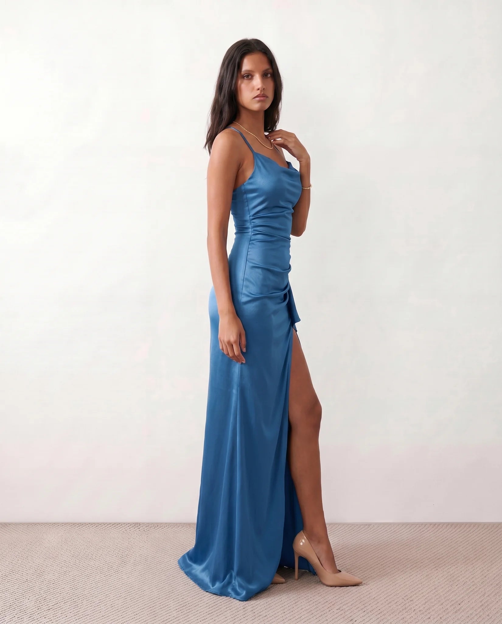 Sylwia Glossy Spaghetti Strap Maxi Dress in Blue — side view