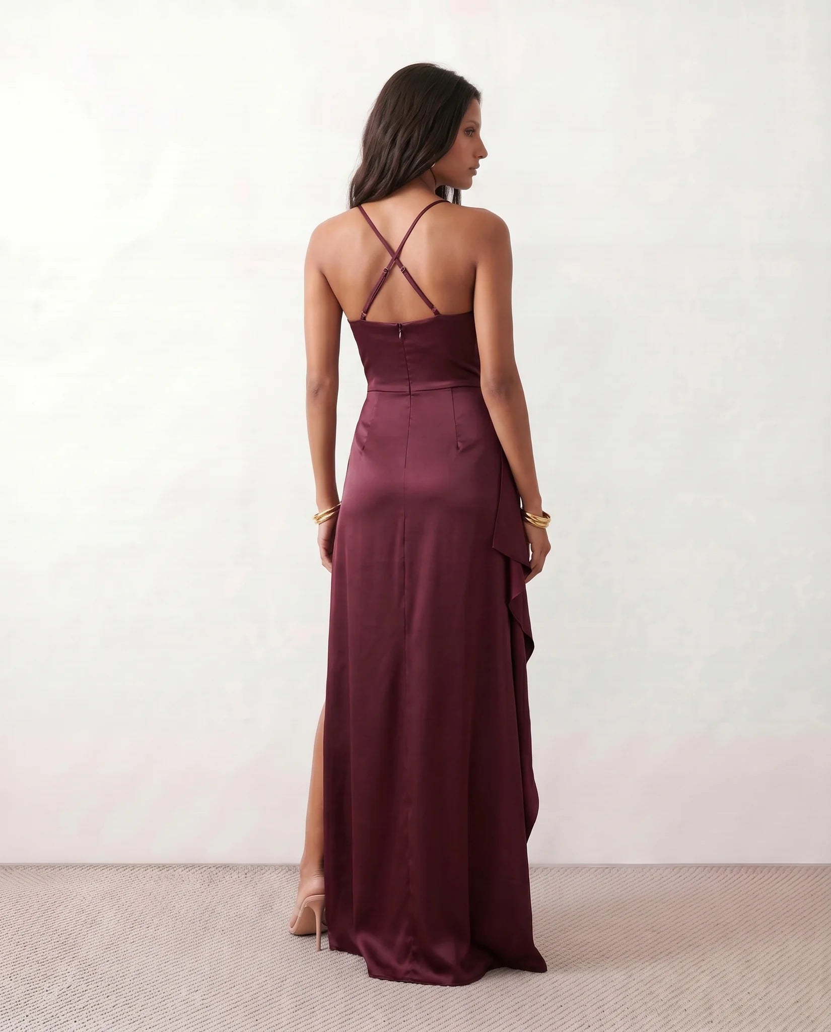 Sylwia Glossy Spaghetti Strap Maxi Dress in Burgundy — back view
