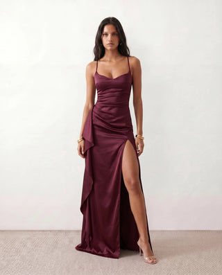 Sylwia Glossy Spaghetti Strap Maxi Dress in Burgundy — front view