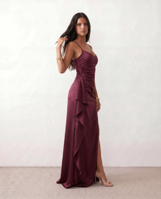 Sylwia Glossy Spaghetti Strap Maxi Dress in Burgundy — side view