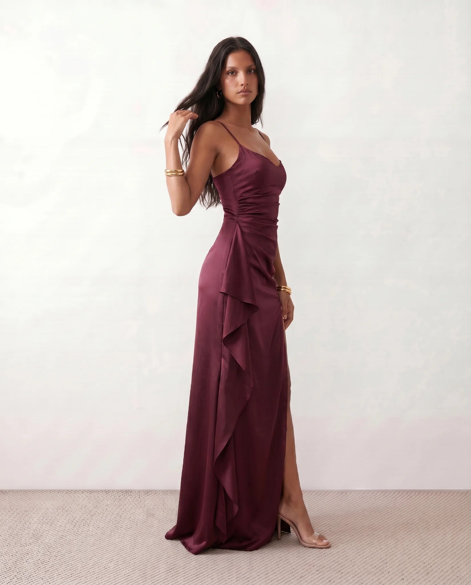 Sylwia Glossy Spaghetti Strap Maxi Dress in Burgundy — side view