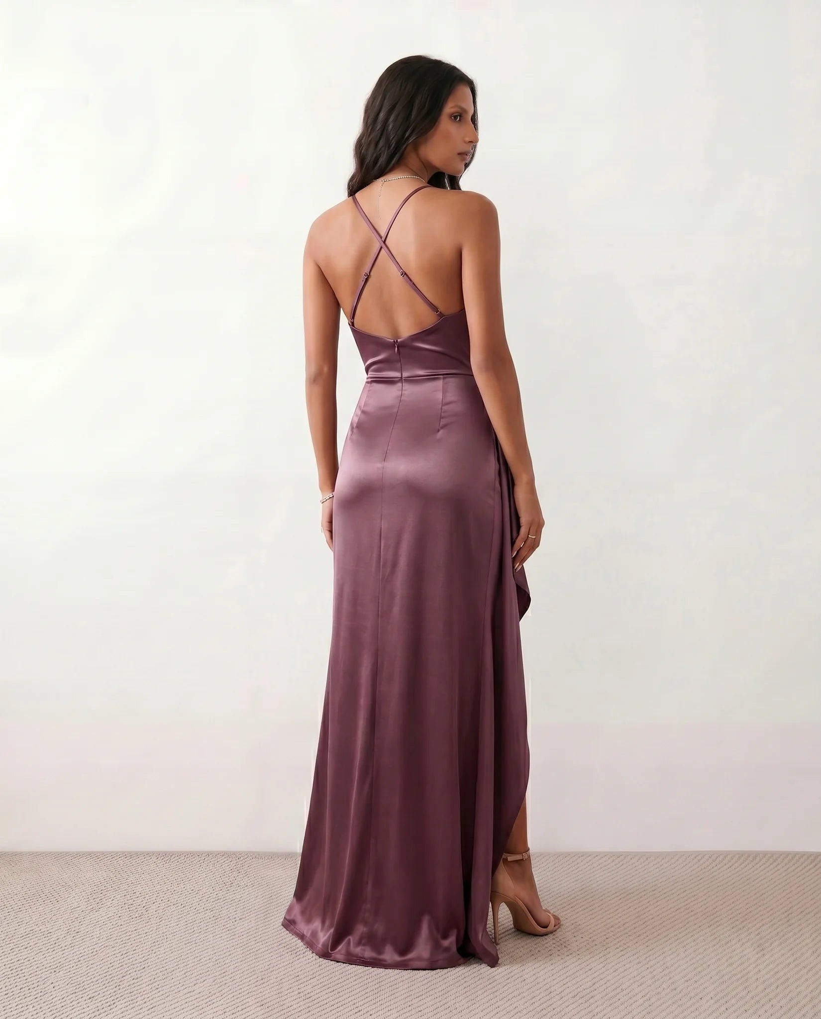 Sylwia Glossy Spaghetti Strap Maxi Dress in Purple — back view