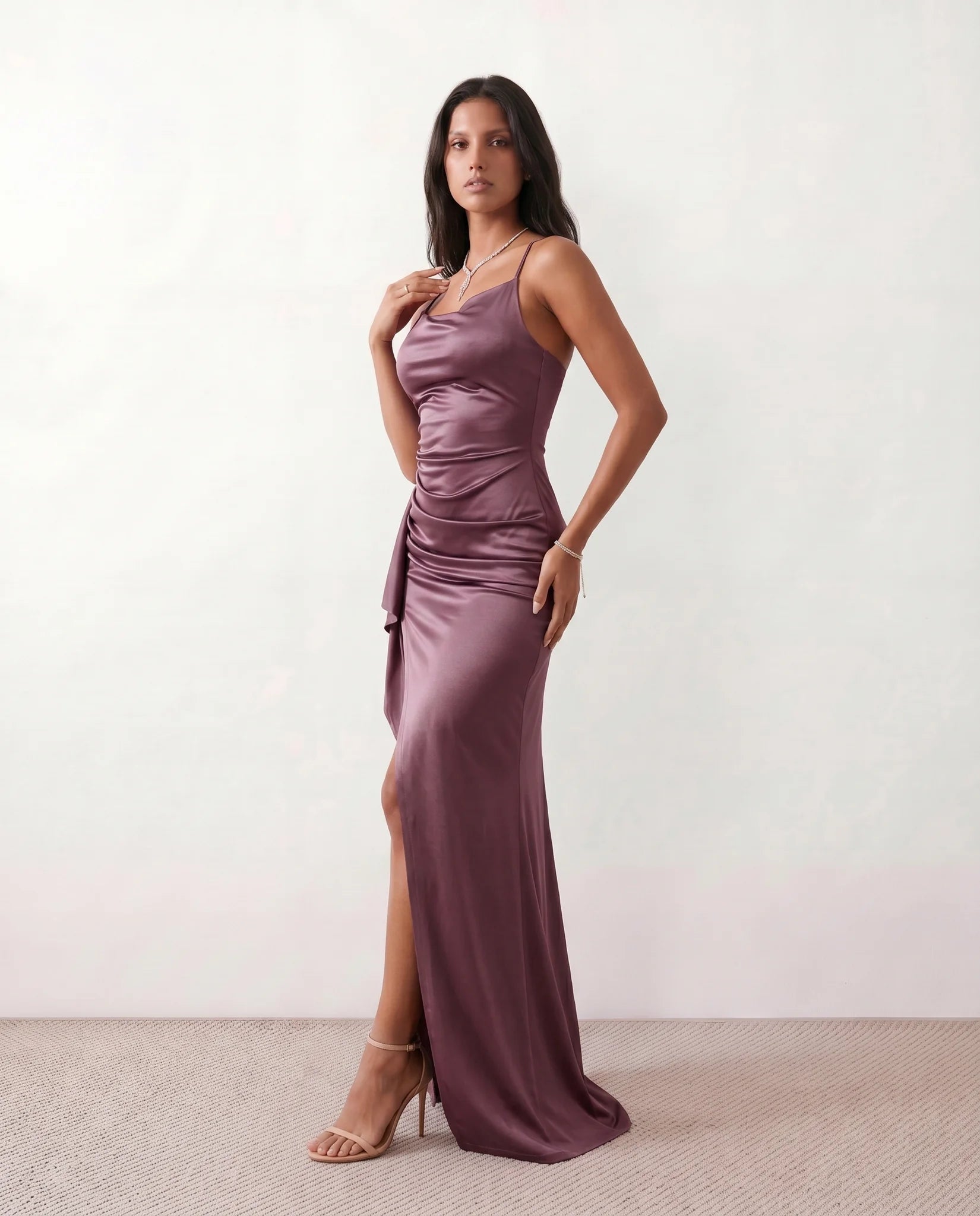 Sylwia Glossy Spaghetti Strap Maxi Dress in Purple — side view