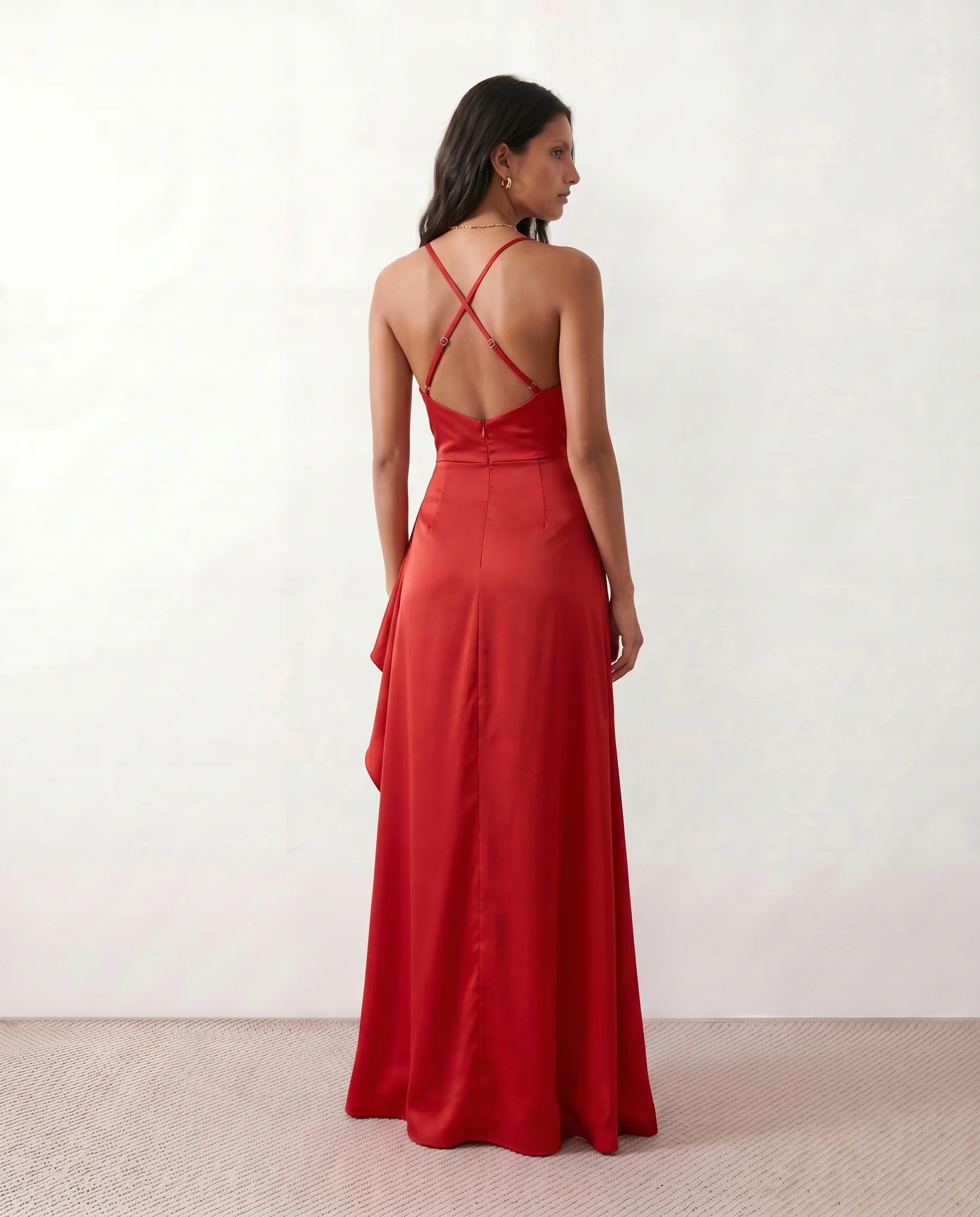 Sylwia Glossy Spaghetti Strap Maxi Dress in Red — back view