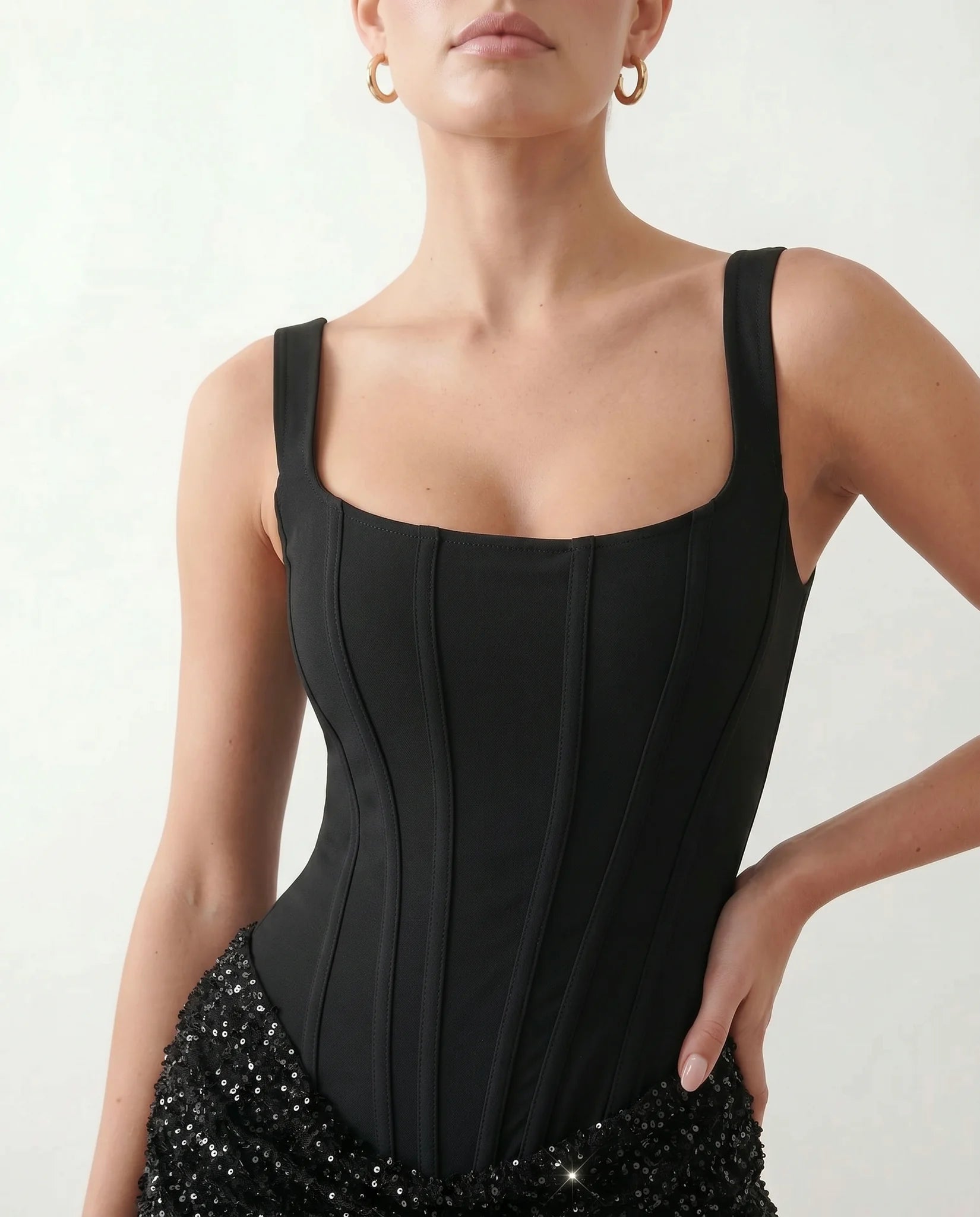 Zehnia Sequined Basque Waist Mini Dress in Black — detail close-up