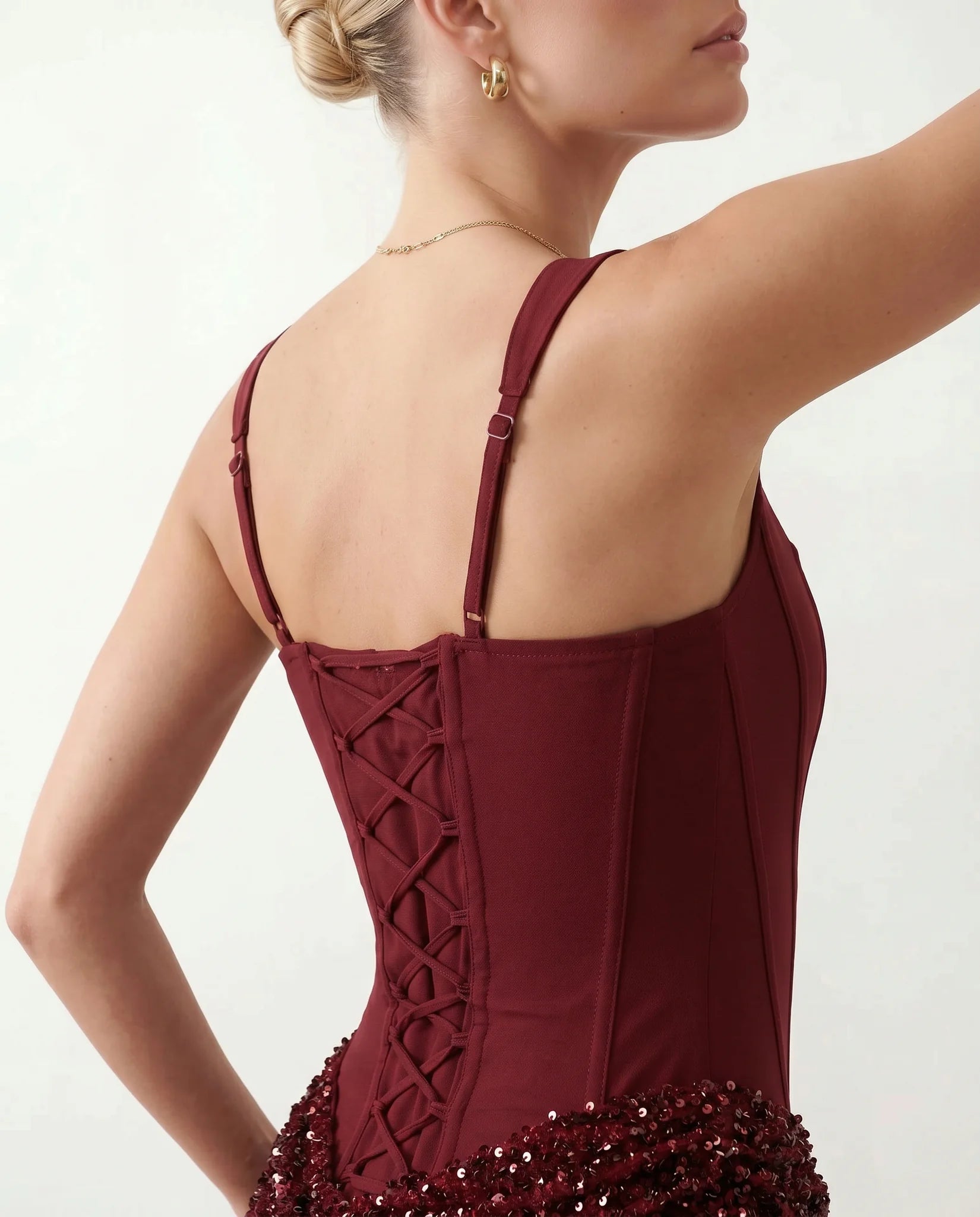Zehnia Sequined Basque Waist Mini Dress in Burgundy — detail close-up