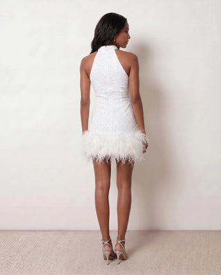 Shanna Sequined Halter Mini Dress in White — back view