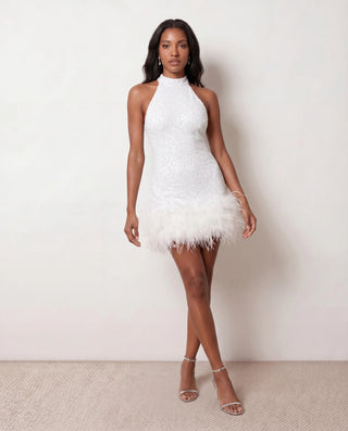 Shanna Sequined Halter Mini Dress in White — front view